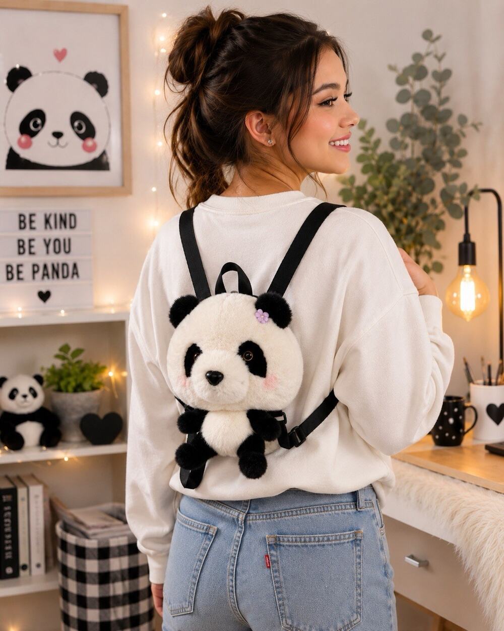 Plush Panda Bear Backpack Black White Flower Adjustable Straps 12” Kawaii
